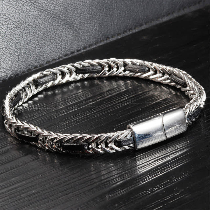 Buddha Stones Black Leather Braided Titanium Steel Double Layer Durability Bracelet - image 1