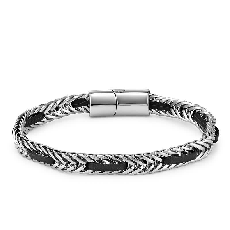 Buddha Stones Black Leather Braided Titanium Steel Double Layer Durability Bracelet - image 7