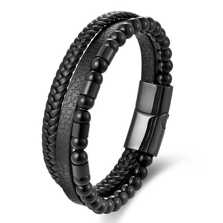 Buddha Stones Black Leather Strength Braided Double Layer Bracelet - Black - image 0
