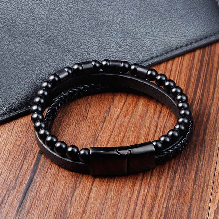 Buddha Stones Black Leather Strength Braided Double Layer Bracelet - image 4