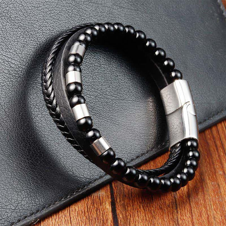 Buddha Stones Black Leather Strength Braided Double Layer Bracelet - image 10