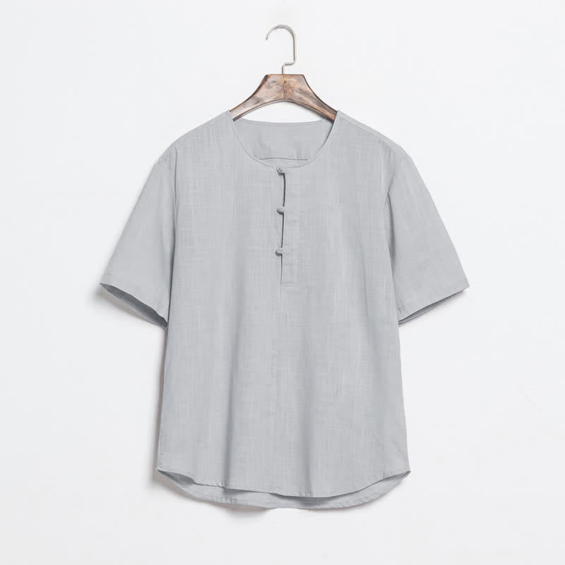 Buddha Stones Summer Casual Tang Style Frog Button Solid Men's Short Sleeve Shirts - LightGray - US/UK/AU46，EU56 (5XL) - image 11
