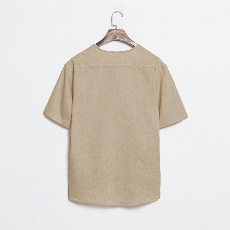 Buddha Stones Summer Casual Tang Style Frog Button Solid Men's Short Sleeve Shirts - image 1