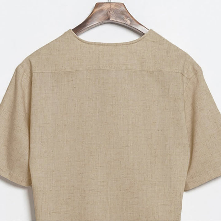 Buddha Stones Summer Casual Tang Style Frog Button Solid Men's Short Sleeve Shirts - image 3