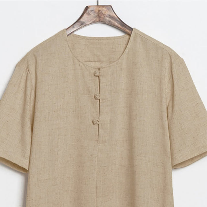 Buddha Stones Summer Casual Tang Style Frog Button Solid Men's Short Sleeve Shirts - image 2