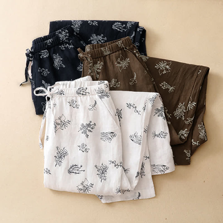 Buddha Stones Summer Casual Vintage Drawstring Floral Ankle Pants Women's Wide Leg Pants With Pocket - image 18