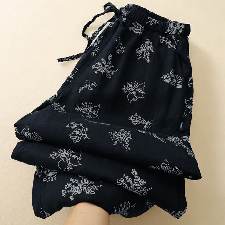 Buddha Stones Summer Casual Vintage Drawstring Floral Ankle Pants Women's Wide Leg Pants With Pocket - image 8