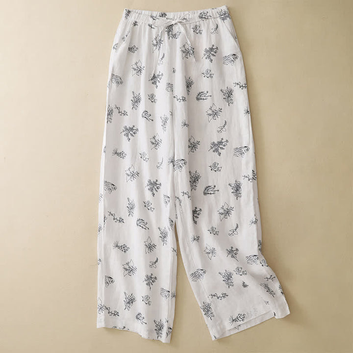 Buddha Stones Summer Casual Vintage Drawstring Floral Ankle Pants Women's Wide Leg Pants With Pocket - White - US8-10, UK/AU12-14, EU40-42 (2XL) - image 13