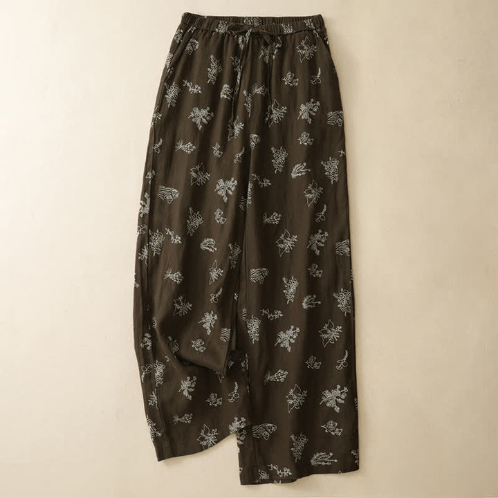 Buddha Stones Summer Casual Vintage Drawstring Floral Ankle Pants Women's Wide Leg Pants With Pocket - SaddleBrown - US8-10, UK/AU12-14, EU40-42 (2XL) - image 0