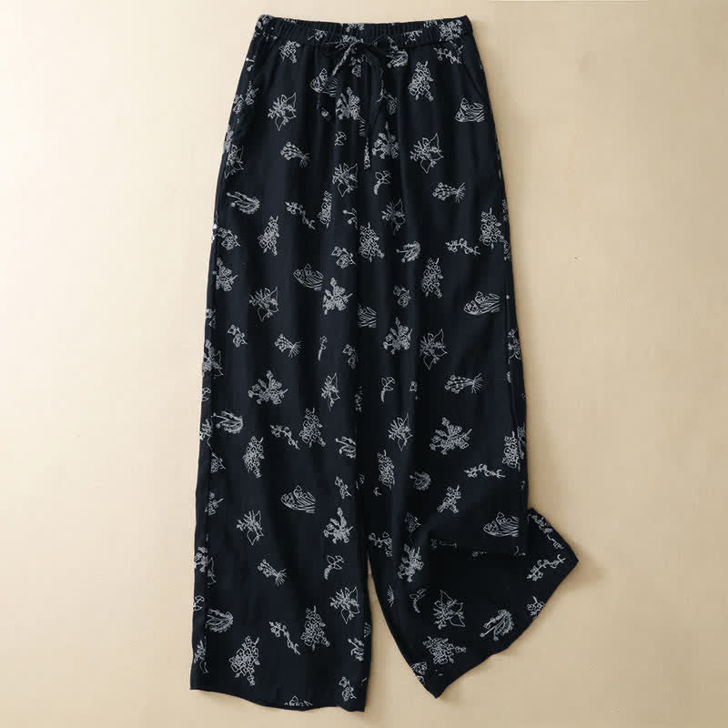 Buddha Stones Summer Casual Vintage Drawstring Floral Ankle Pants Women's Wide Leg Pants With Pocket - Navy - US8-10, UK/AU12-14, EU40-42 (2XL) - image 7