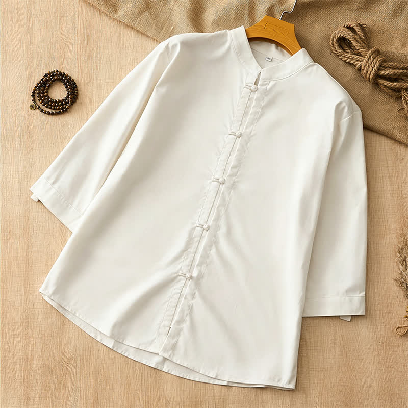Buddha Stones Spring Summer Tang Style Casual Frog Button Solid Men's Long Sleeve Shirts - White - US/UK/AU44, EU54 (3XL) - image 20