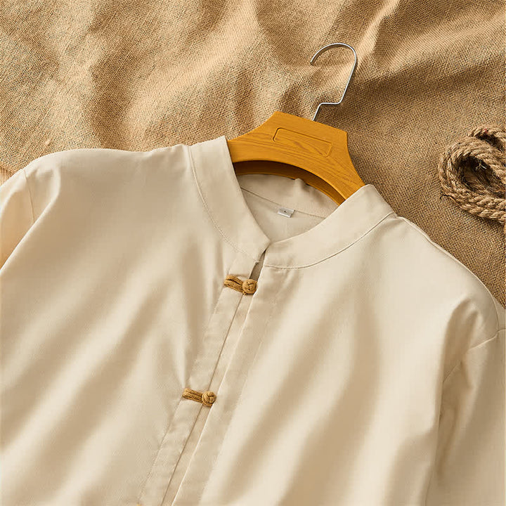 Buddha Stones Spring Summer Tang Style Casual Frog Button Solid Men's Long Sleeve Shirts - image 4