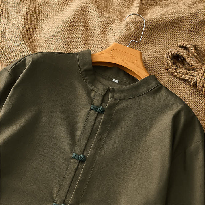 Buddha Stones Spring Summer Tang Style Casual Frog Button Solid Men's Long Sleeve Shirts - image 15