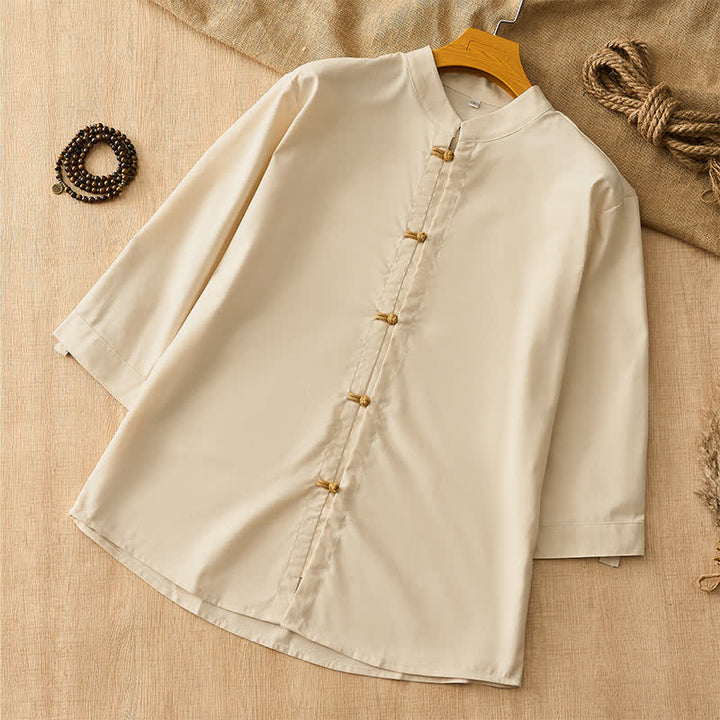 Buddha Stones Spring Summer Tang Style Casual Frog Button Solid Men's Long Sleeve Shirts - Beige - US/UK/AU44, EU54 (3XL) - image 0