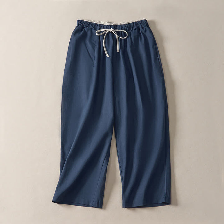 Buddha Stones Summer Casual Minimalist Drawstring Solid Cropped Pants Women's Harem Pants With Pocket - DarkSlateBlue - US8-10, UK/AU12-14, EU40-42 (2XL) - image 0