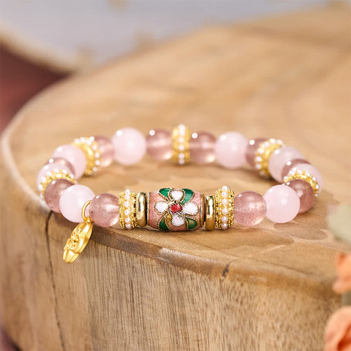 Buddha Stones Natural Strawberry Quartz Rose Quartz Enamel Flowers Pendant Love Round Polished Bead Bracelet - image 2