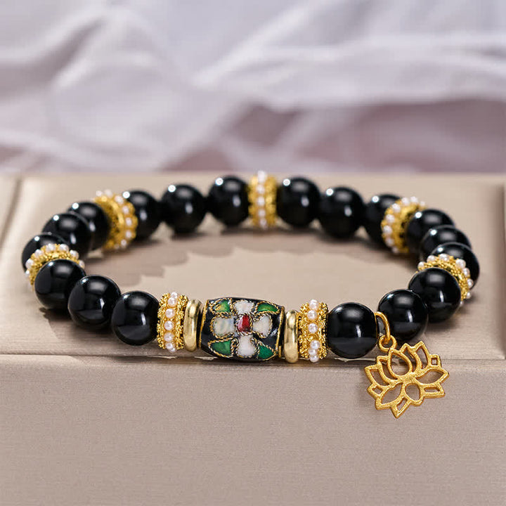 Buddha Stones Black Obsidian Cloisonné Enamel Flowers Lotus Pendant Protection Round Bead Bracelet - image 3
