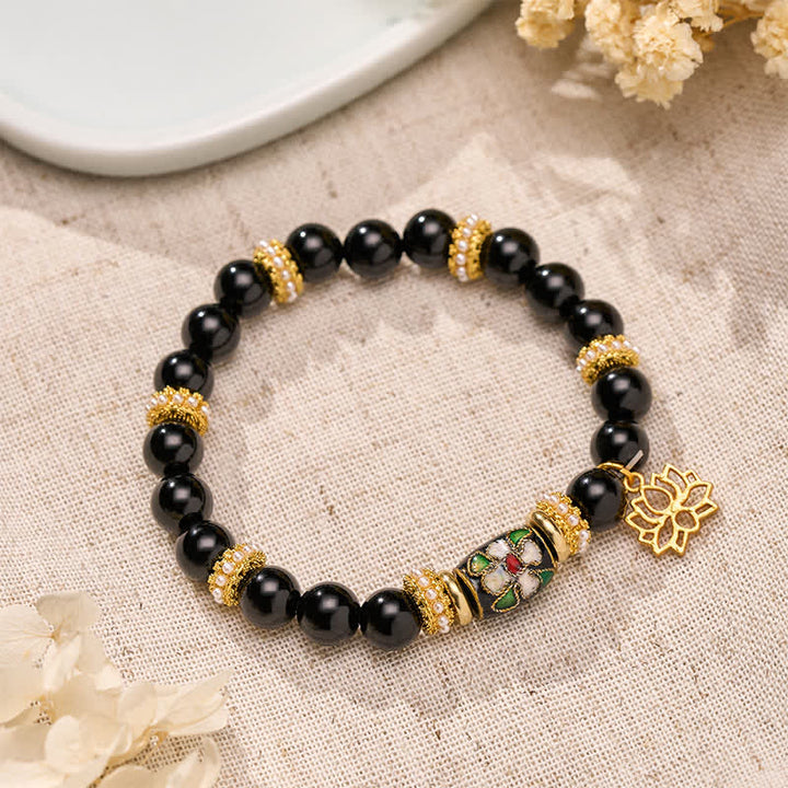 Buddha Stones Black Obsidian Cloisonné Enamel Flowers Lotus Pendant Protection Round Bead Bracelet - Black Obsidian(Wrist Circumference: 15–16 cm) - image 0
