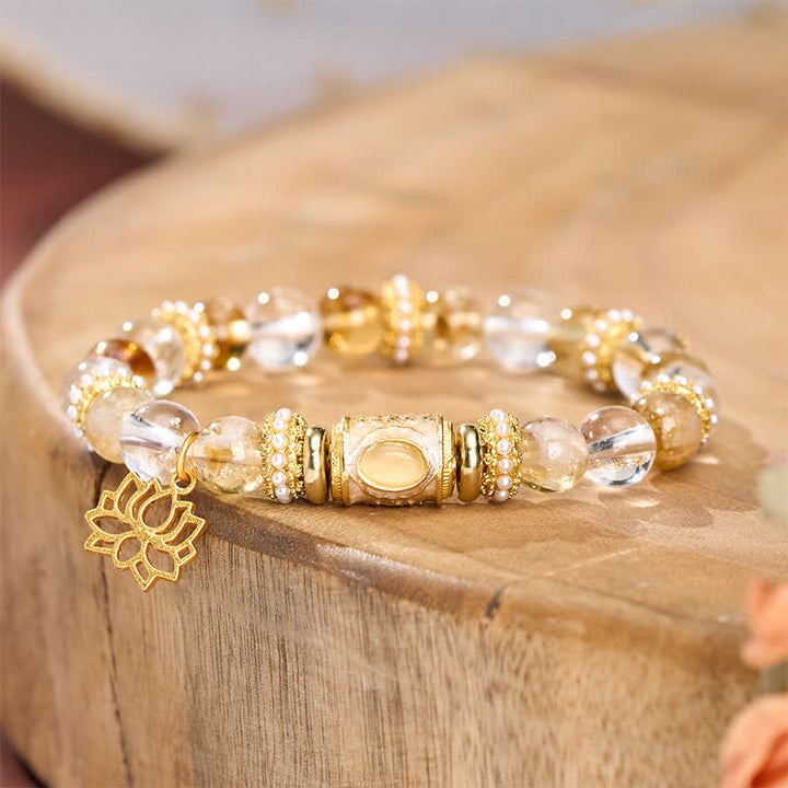 Buddha Stones Citrine Clear Quartz Enamel Barrel Bead Lotus Round Bead Bracelet - image 1