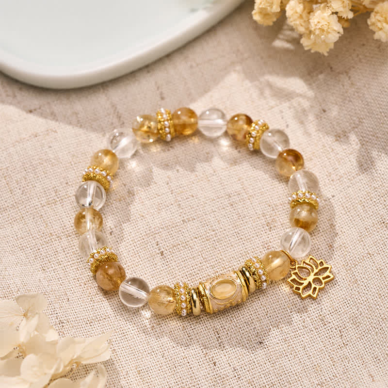 Buddha Stones Citrine Clear Quartz Enamel Barrel Bead Lotus Round Bead Bracelet - Citrine Clear Quartz(Wrist Circumference: 15–16 cm) - image 0