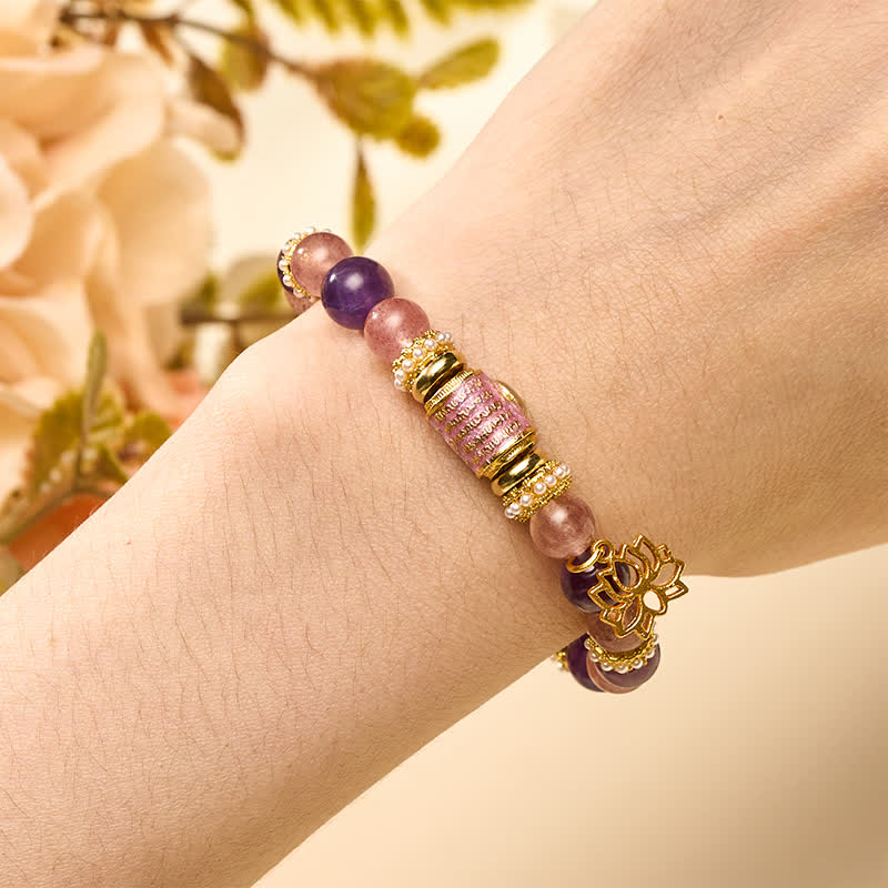 Buddha Stones Natural Amethyst Strawberry Quartz Enamel Barrel Bead Lotus Pendant Calm Hand Polished Round Bead Bracelet - image 4