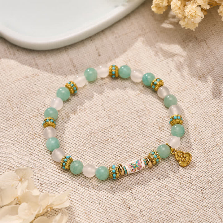 Buddha Stones Amazonite White Agate Enamel Barrel Bead Butterfly Hand Polished Round Bead Bracelet - image 1