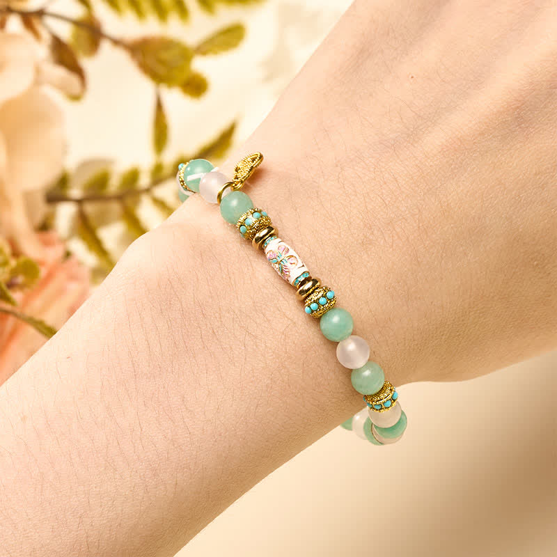 Buddha Stones Amazonite White Agate Enamel Barrel Bead Butterfly Hand Polished Round Bead Bracelet - image 4