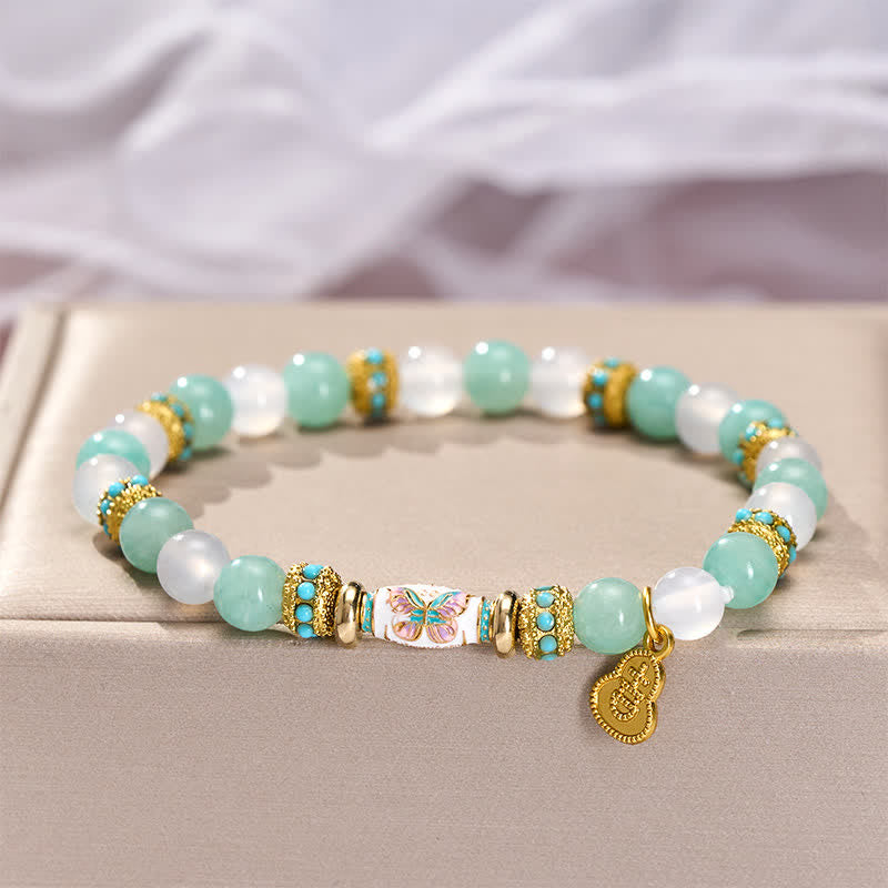 Buddha Stones Amazonite White Agate Enamel Barrel Bead Butterfly Hand Polished Round Bead Bracelet - image 2