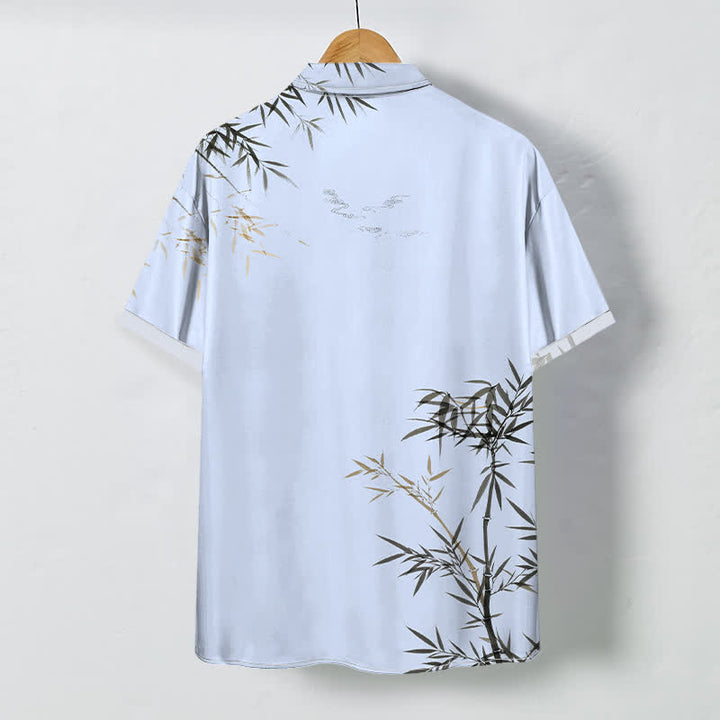 Buddha Stones Ink Bamboo Leaf Pattern Buttons Wrinkle-resistant Men's Short Sleeve Shirt - image 4