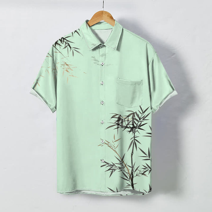 Buddha Stones Ink Bamboo Leaf Pattern Buttons Wrinkle-resistant Men's Short Sleeve Shirt - PaleGreen - US/UK/AU48，EU58 (4XL) - image 5