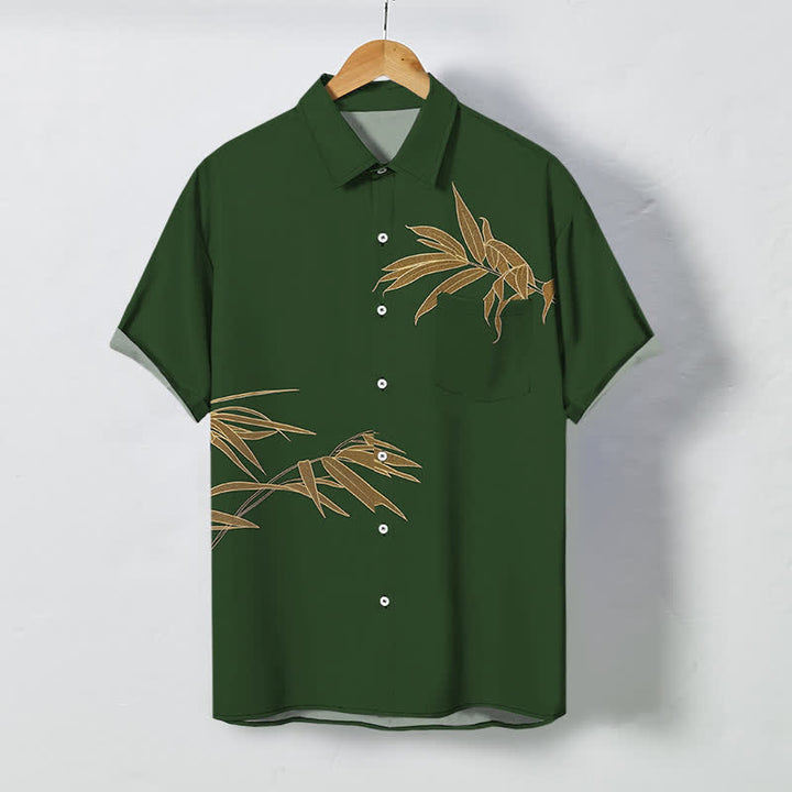 Buddha Stones Golden Bamboo Leaf Pattern Buttons Breathable Men's Short Sleeve Shirt - DarkGreen - US/UK/AU48，EU58 (4XL) - image 5