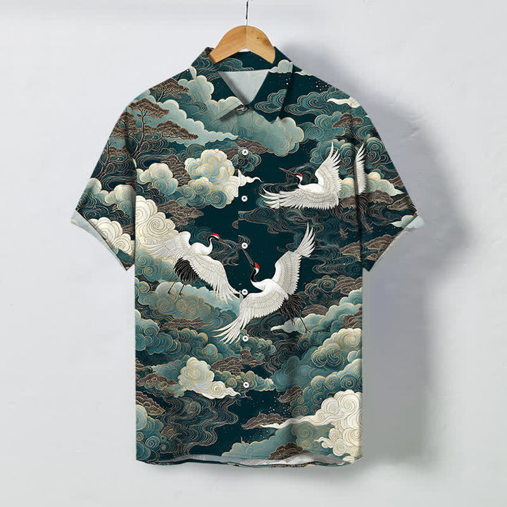 Buddha Stones Oriental Crane Cloud Wave Pattern Buttons Breathable Men's Short Sleeve Shirt - Teal - US/UK/AU48，EU58 (4XL) - image 0