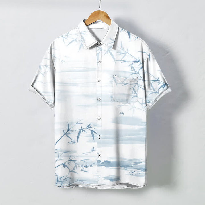 Buddha Stones Bamboo Leaf Ink Landscape Pattern Buttons Wrinkle-resistant Men's Short Sleeve Shirt - LightCyan - US/UK/AU48，EU58 (4XL) - image 5
