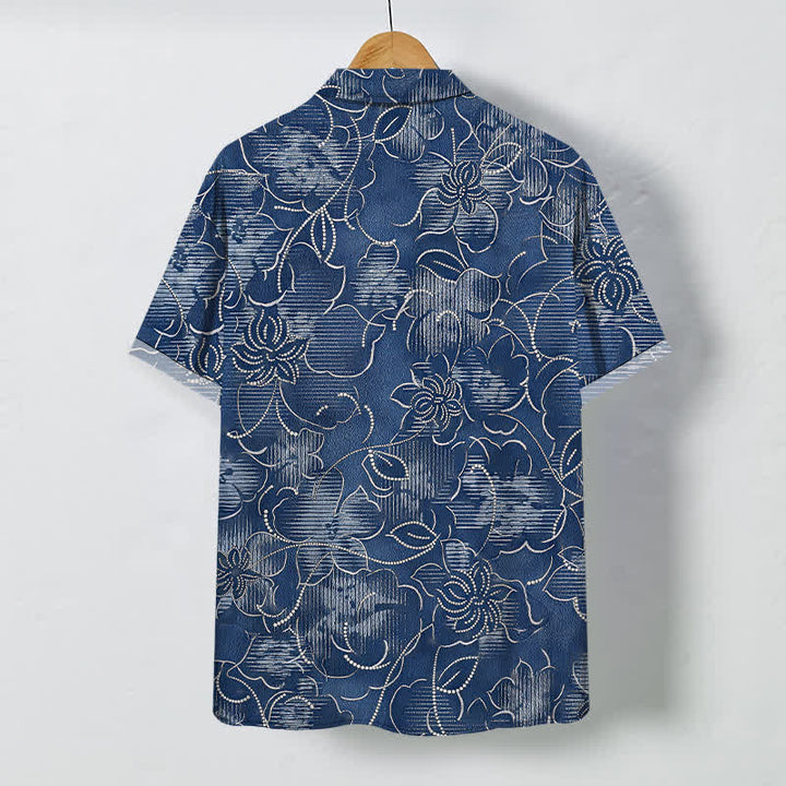 Buddha Stones Indigo Floral Vine Pattern Buttons Wrinkle-resistant Men's Short Sleeve Shirt - image 1
