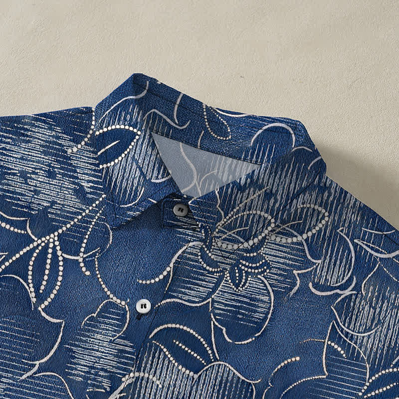 Buddha Stones Indigo Floral Vine Pattern Buttons Wrinkle-resistant Men's Short Sleeve Shirt - image 2