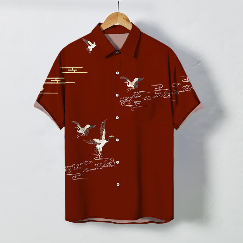 Buddha Stones Crane Cloud Pattern Buttons Wrinkle-resistant Men's Short Sleeve Shirt - Maroon - US/UK/AU48，EU58 (4XL) - image 0