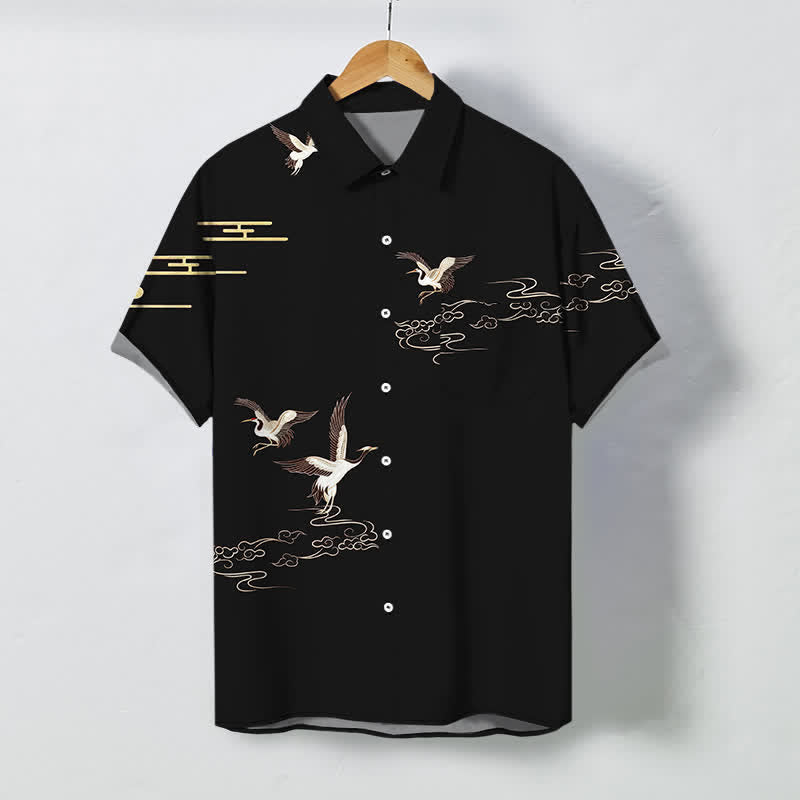 Buddha Stones Crane Cloud Pattern Buttons Wrinkle-resistant Men's Short Sleeve Shirt - Black - US/UK/AU48，EU58 (4XL) - image 7