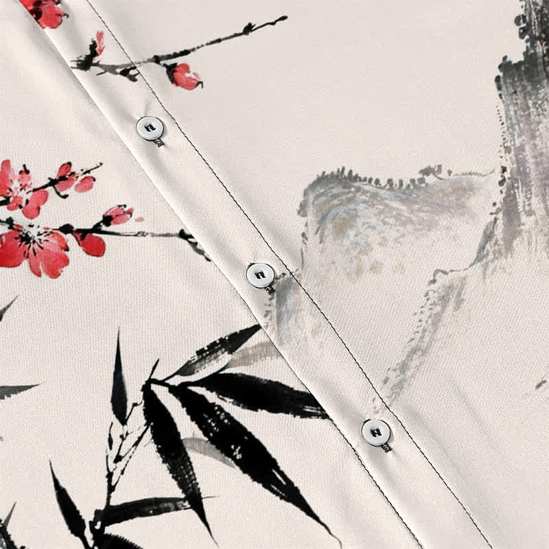 Buddha Stones Ink Landscape Bamboo Blossom Sunset Pattern Buttons Breathable Men's Short Sleeve Shirt - image 3
