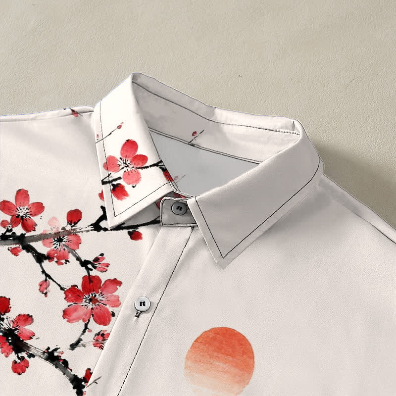 Buddha Stones Ink Landscape Bamboo Blossom Sunset Pattern Buttons Breathable Men's Short Sleeve Shirt - image 2