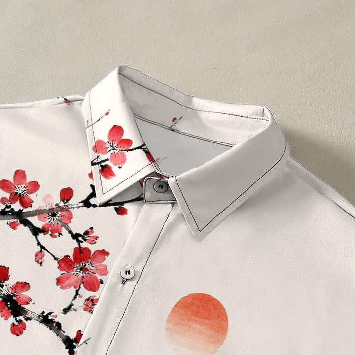 Buddha Stones Ink Landscape Bamboo Blossom Sunset Pattern Buttons Breathable Men's Short Sleeve Shirt - image 2
