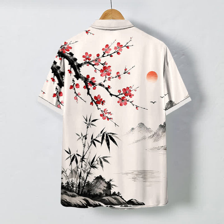 Buddha Stones Ink Landscape Bamboo Blossom Sunset Pattern Buttons Breathable Men's Short Sleeve Shirt - image 1