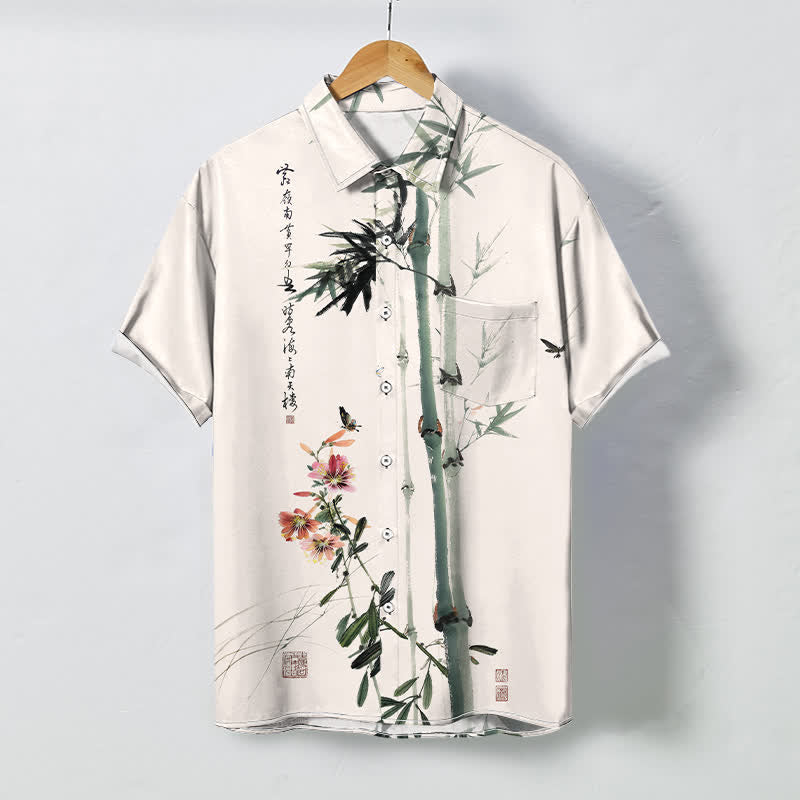 Buddha Stones Ink Bamboo Blossom Bird Calligraphy Pattern Buttons Breathable Men's Short Sleeve Shirt - Linen - US/UK/AU48，EU58 (4XL) - image 0