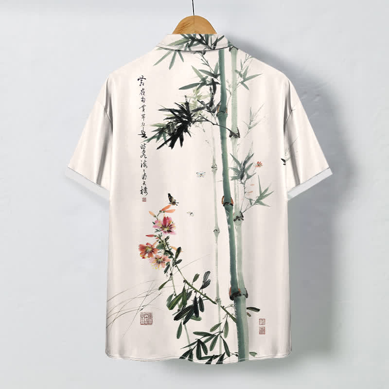 Buddha Stones Ink Bamboo Blossom Bird Calligraphy Pattern Buttons Breathable Men's Short Sleeve Shirt - image 1