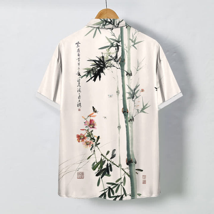 Buddha Stones Ink Bamboo Blossom Bird Calligraphy Pattern Buttons Breathable Men's Short Sleeve Shirt - image 1