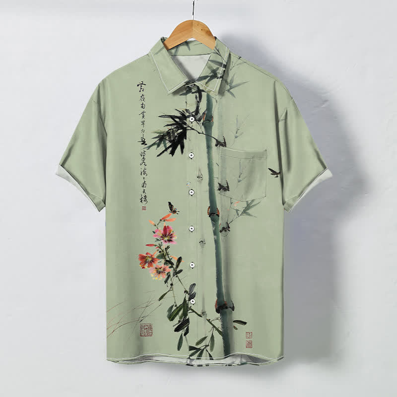 Buddha Stones Ink Bamboo Blossom Bird Calligraphy Pattern Buttons Breathable Men's Short Sleeve Shirt - DarkSeaGreen - US/UK/AU48，EU58 (4XL) - image 3