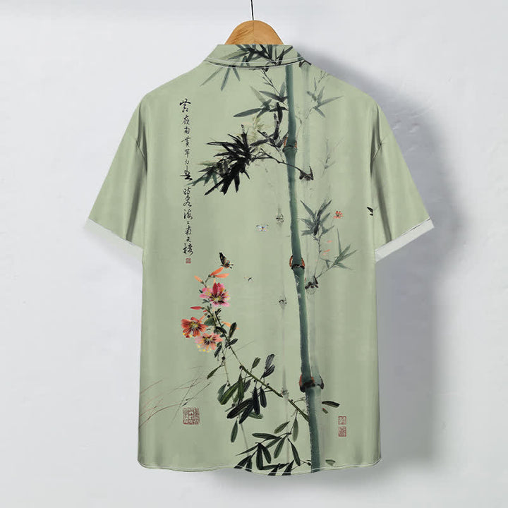 Buddha Stones Ink Bamboo Blossom Bird Calligraphy Pattern Buttons Breathable Men's Short Sleeve Shirt - image 4