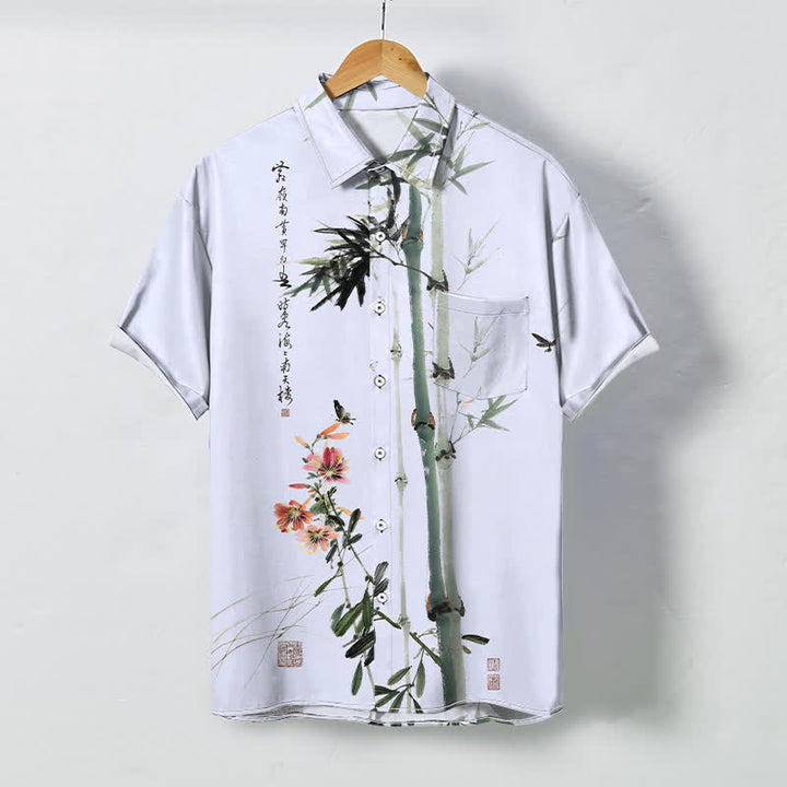 Buddha Stones Ink Bamboo Blossom Bird Calligraphy Pattern Buttons Breathable Men's Short Sleeve Shirt - 	LightSkyBlue - US/UK/AU48，EU58 (4XL) - image 5