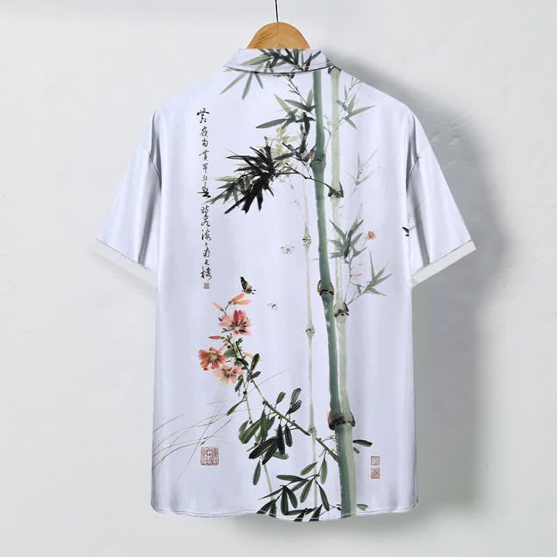 Buddha Stones Ink Bamboo Blossom Bird Calligraphy Pattern Buttons Breathable Men's Short Sleeve Shirt - image 6