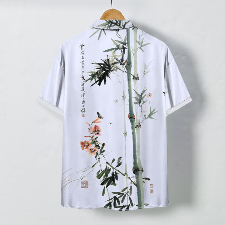 Buddha Stones Ink Bamboo Blossom Bird Calligraphy Pattern Buttons Breathable Men's Short Sleeve Shirt - image 6