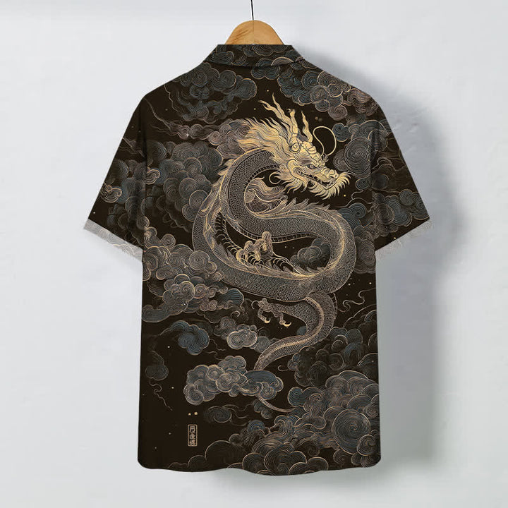 Buddha Stones Golden Dragon Cloud Pattern Buttons Wrinkle-resistant Men's Short Sleeve Shirt - image 1